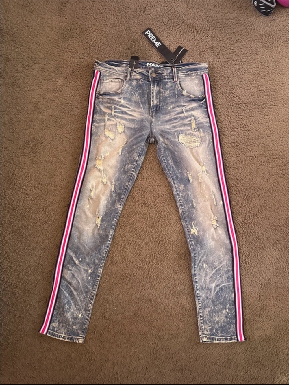 Distressed Blue Denim Jeans with Pink Side Stripe